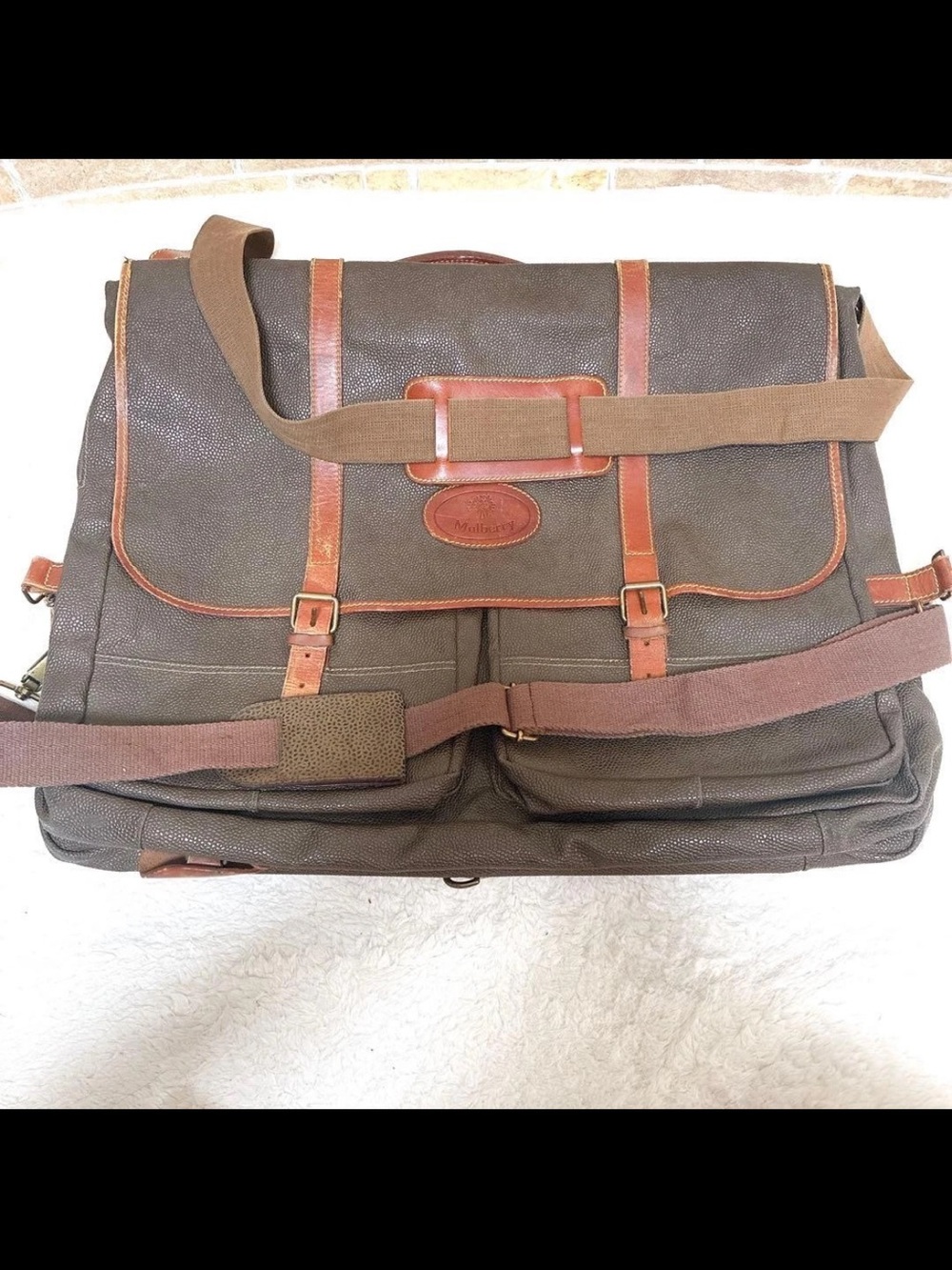 Mulberry Brown Canvas Messenger Bag with Tan Leather Trim
